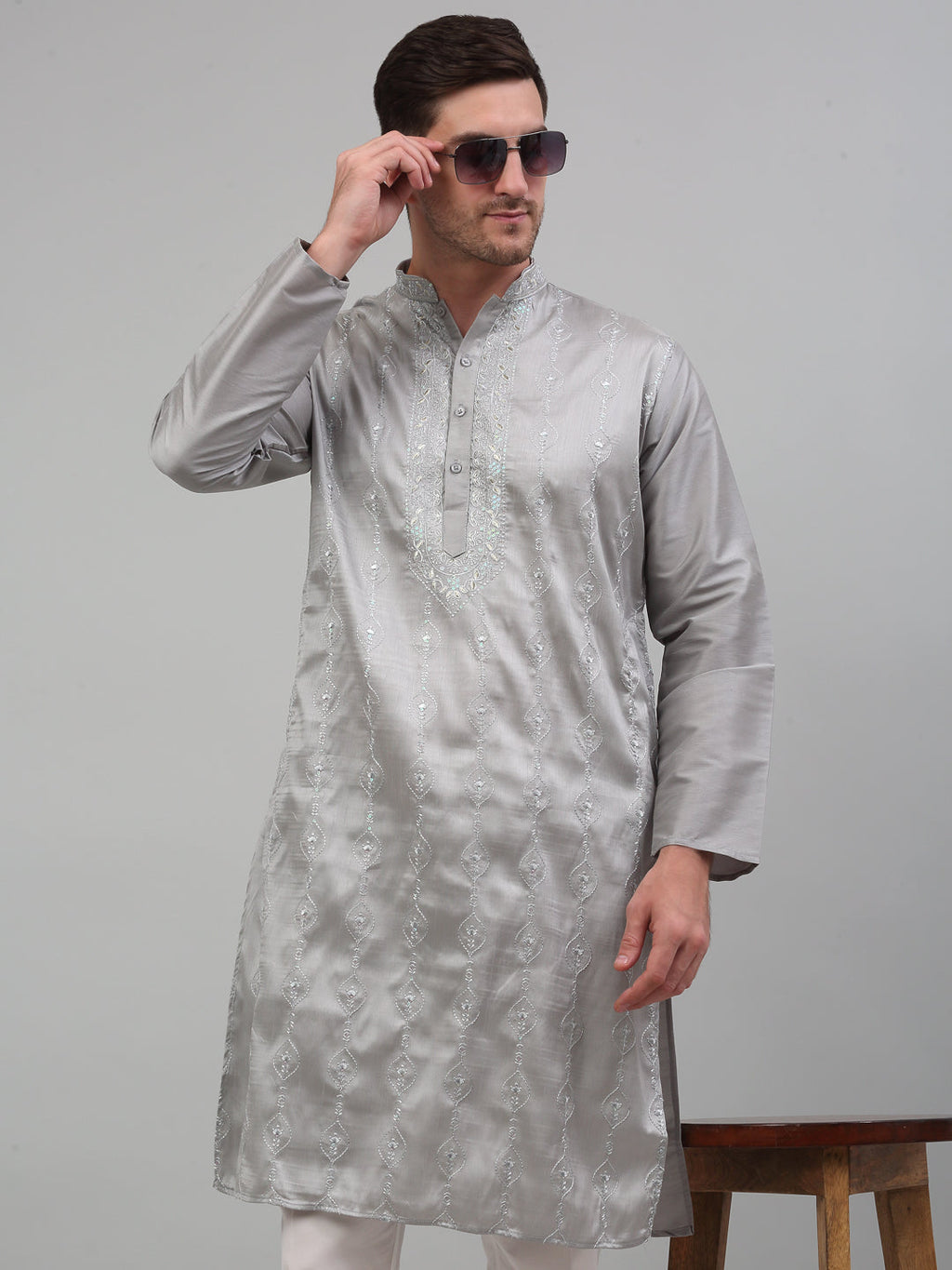 Jompers Men's Grey Embroidered Kurta with Pyjama
