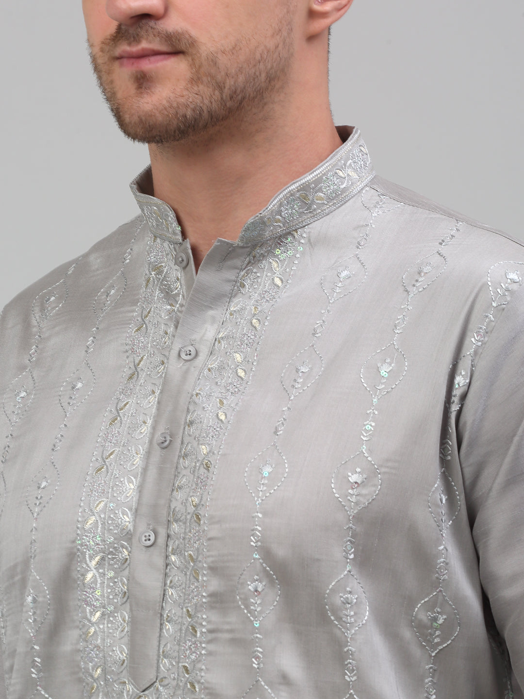 Jompers Men's Grey Embroidered Kurta with Pyjama