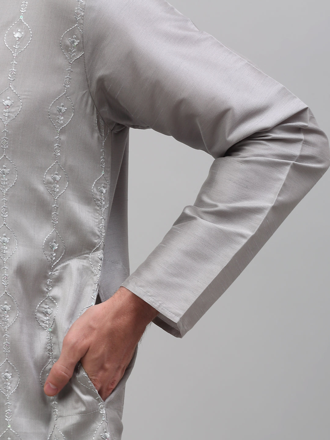 Jompers Men's Grey Embroidered Kurta with Pyjama