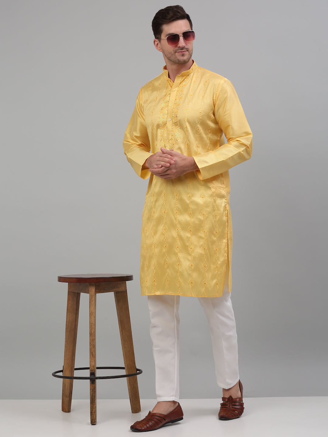 Jompers Men's Yellow Embroidered Kurta with Pyjama