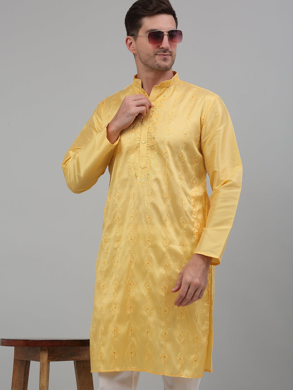 Jompers Men's Yellow Embroidered Kurta with Pyjama