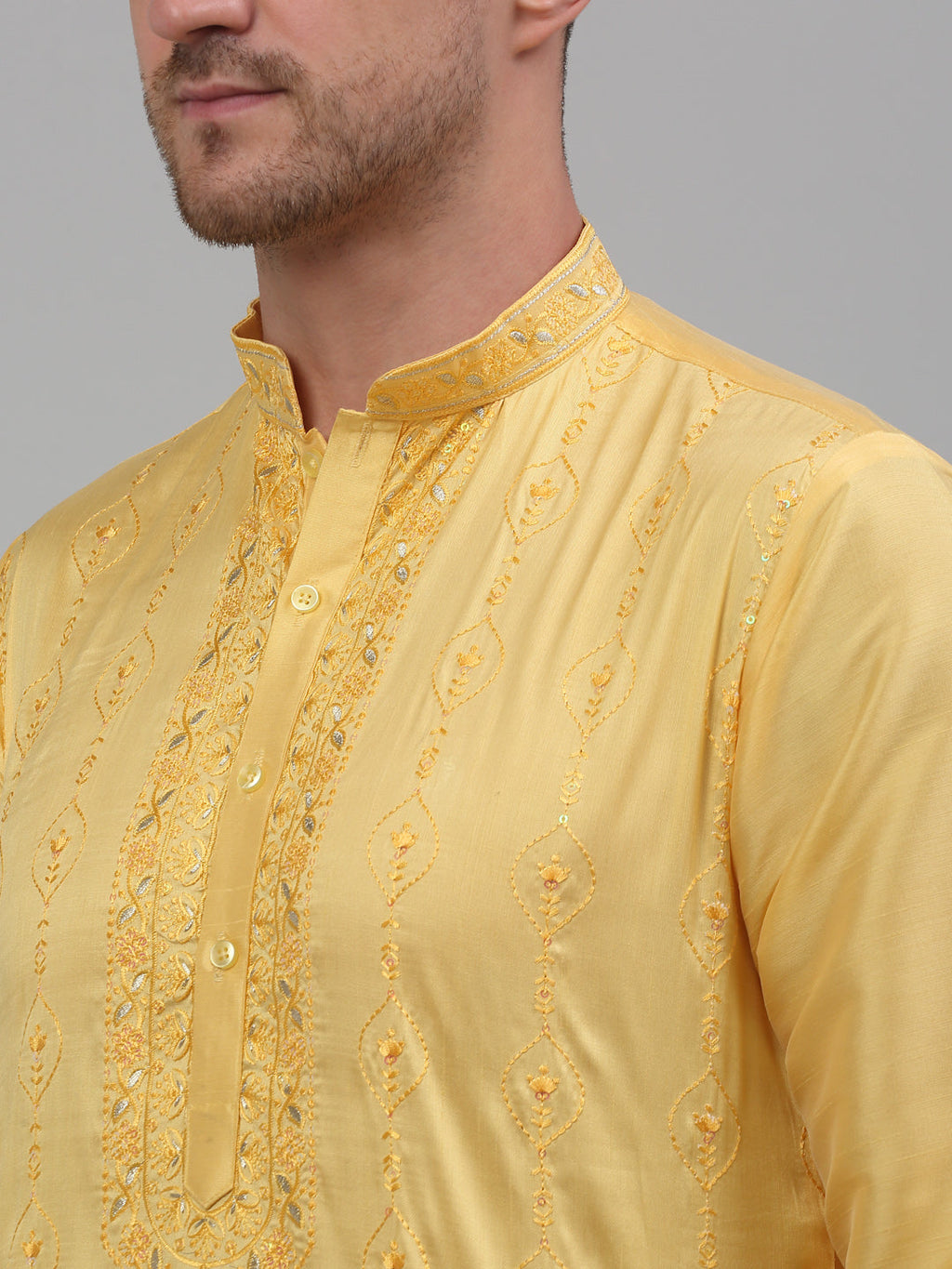 Jompers Men's Yellow Embroidered Kurta with Pyjama