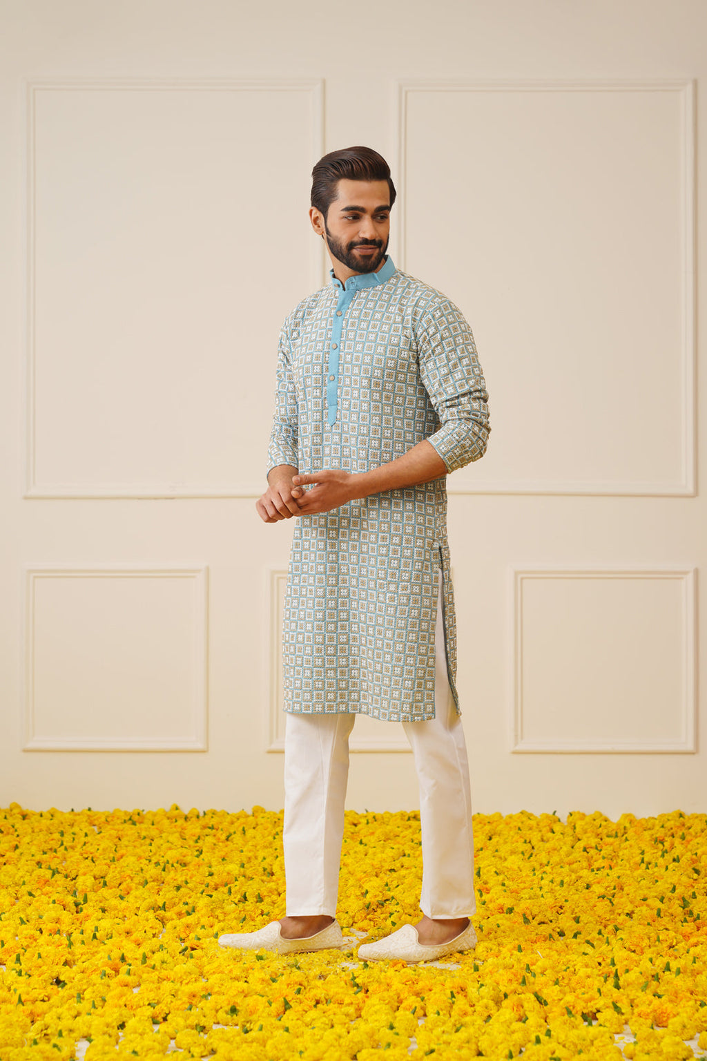 Jompers Men's Blue Embroidered Kurta with Pyjama