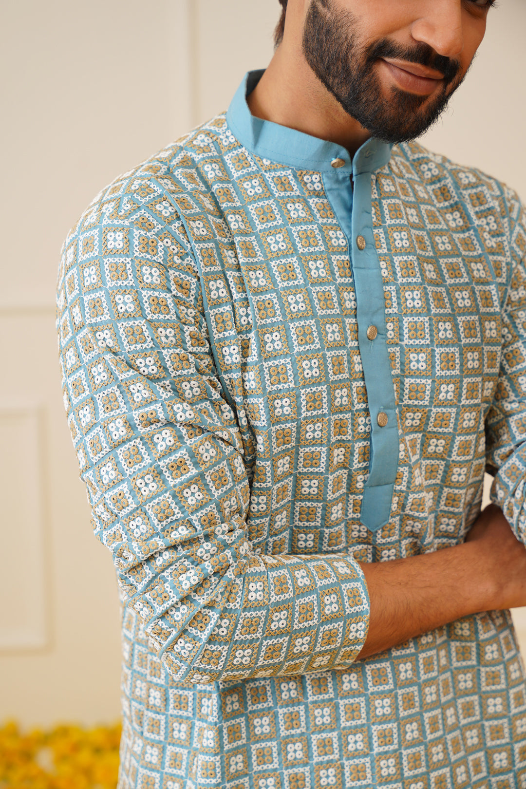 Jompers Men's Blue Embroidered Kurta with Pyjama