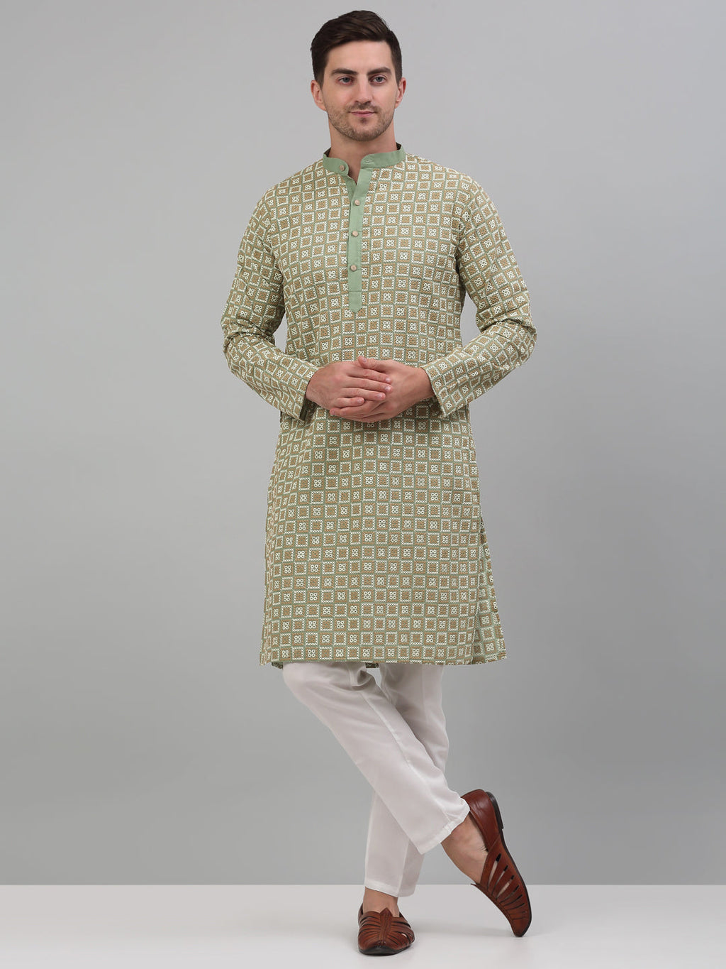 Jompers Men's Green Embroidered Kurta with Pyjama