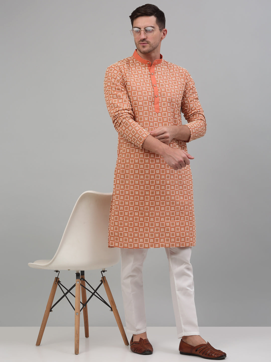 Jompers Men's Peach Embroidered Kurta with Pyjama