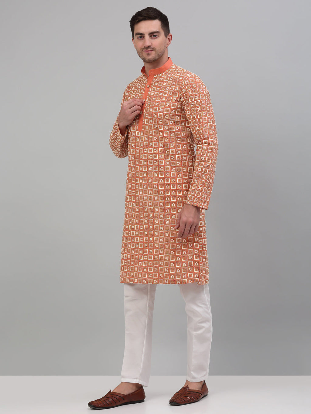Jompers Men's Peach Embroidered Kurta with Pyjama