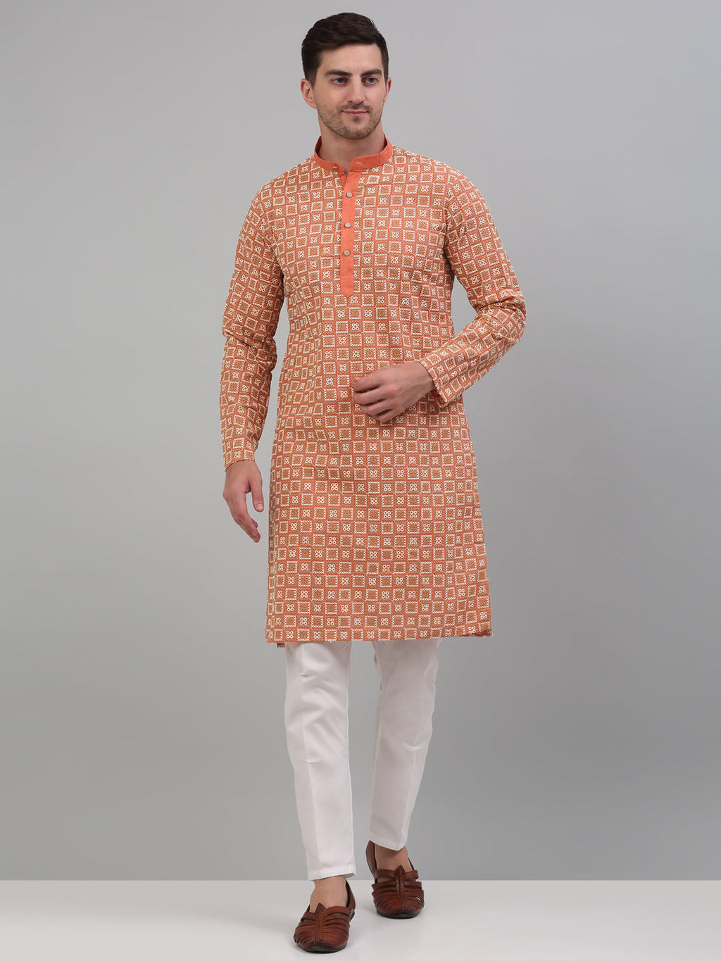 Jompers Men's Peach Embroidered Kurta with Pyjama