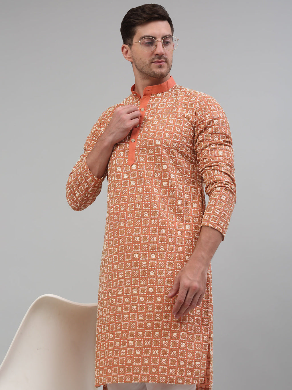 Jompers Men's Peach Embroidered Kurta with Pyjama