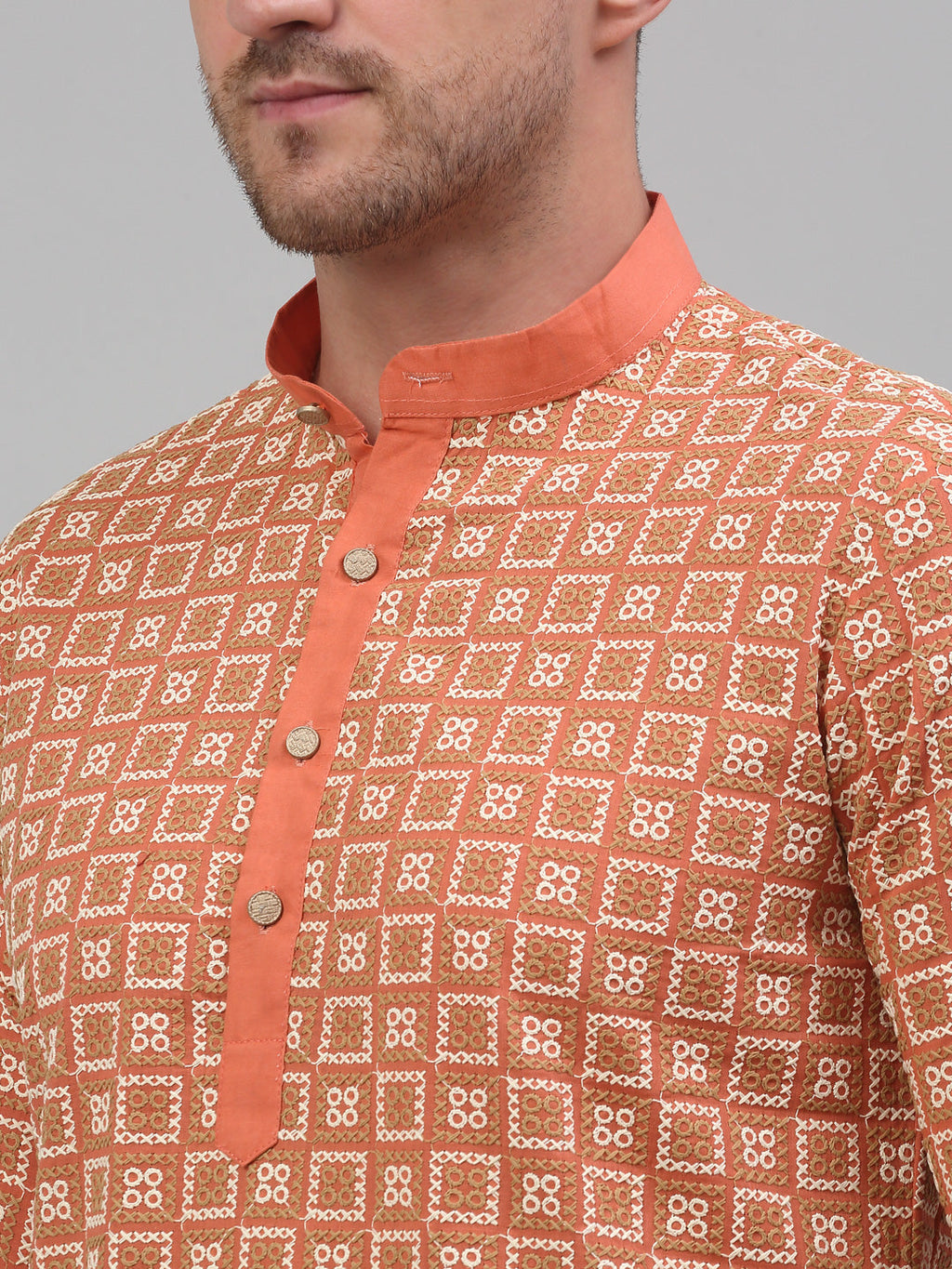 Jompers Men's Peach Embroidered Kurta with Pyjama