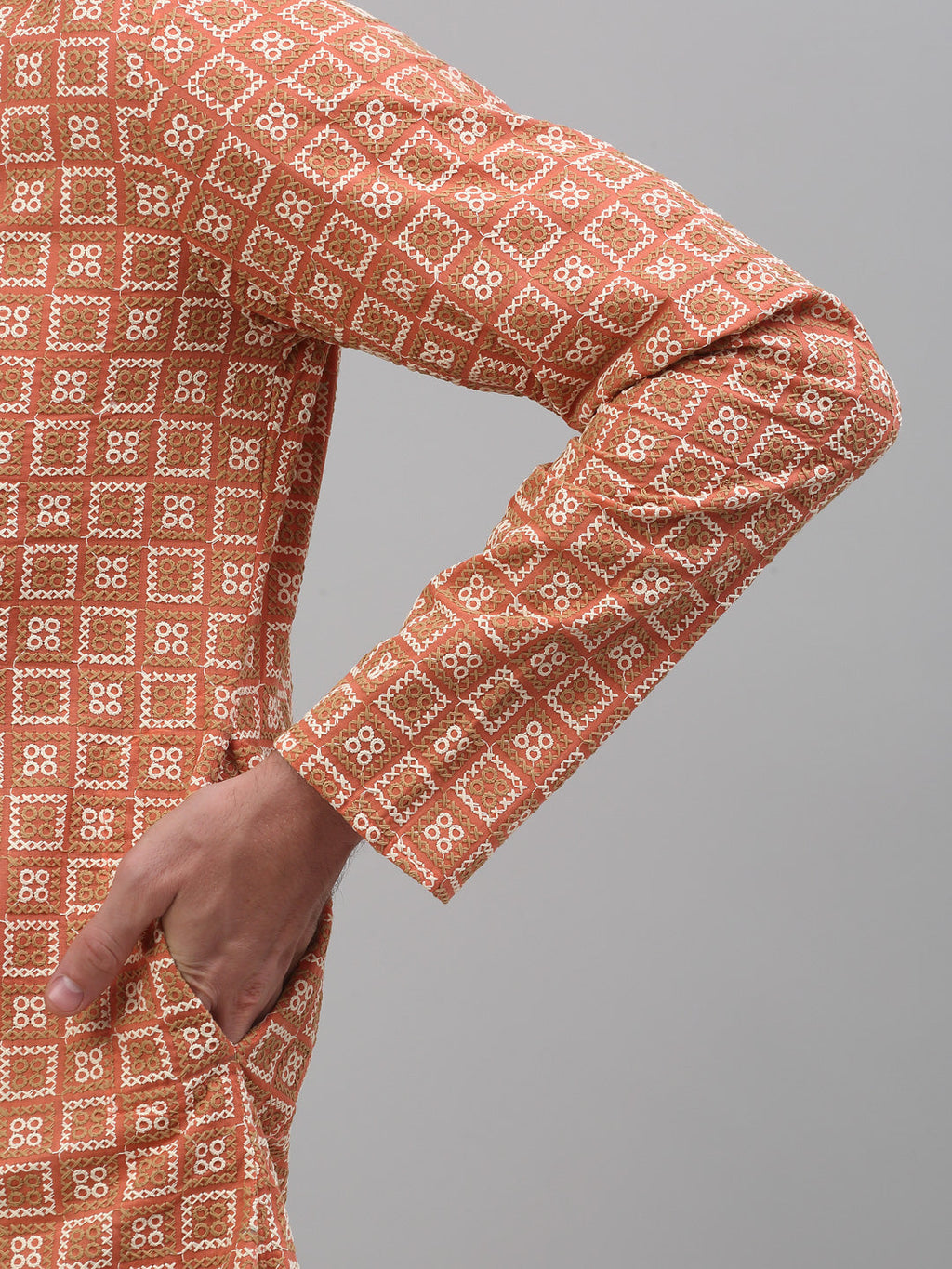Jompers Men's Peach Embroidered Kurta with Pyjama