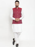 Jompers Men's Solid Cotton Kurta Pajama with Woven Jacquard Waistcoat (Maroon)