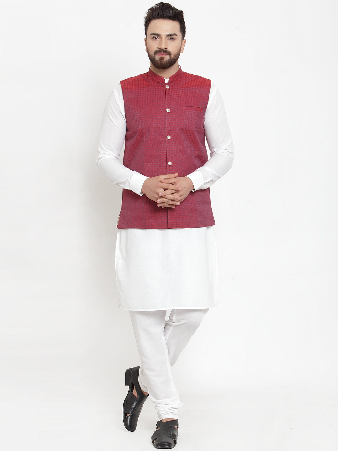 Jompers Men's Solid Cotton Kurta Pajama with Woven Jacquard Waistcoat (Maroon)