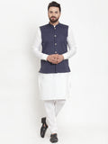 Jompers Men's Solid Cotton Kurta Pajama with Woven Jacquard Waistcoat (Navy)