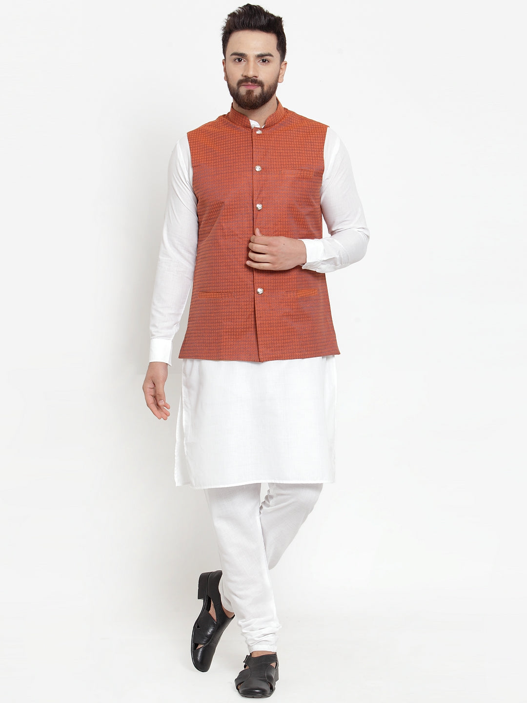 Jompers Men's Solid Cotton Kurta Pajama with Woven Jacquard Waistcoat (Red)