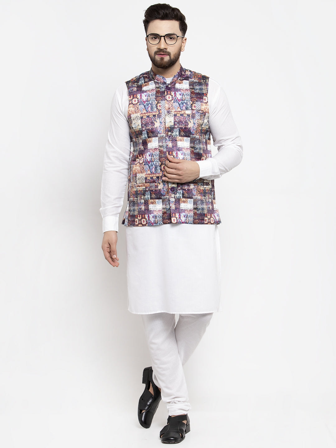 Jompers Men's Solid Cotton Kurta Pajama with Printed Waistcoat (Purple-W)