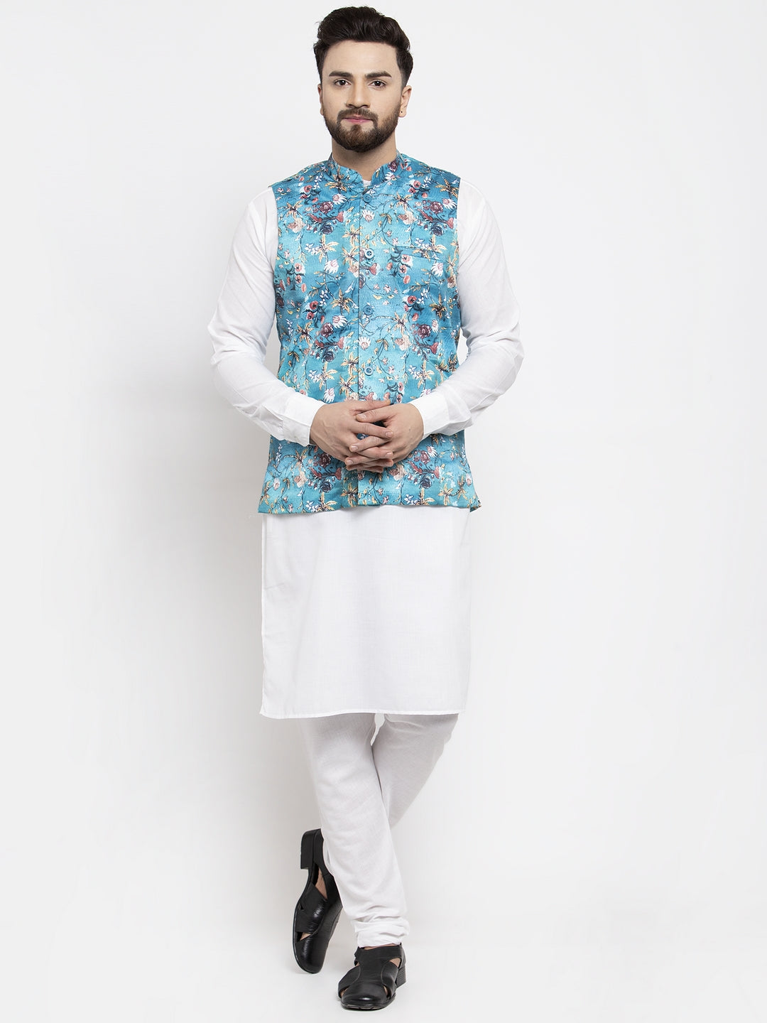 Jompers Men's Solid Cotton Kurta Pajama with Printed Waistcoat (Sky-W)