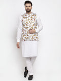 Jompers Men's Solid Cotton Kurta Pajama with Printed Waistcoat (White-W)