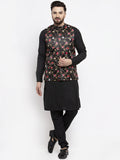 Jompers Men's Solid Cotton Kurta Pajama with Printed Waistcoat (Black-B)