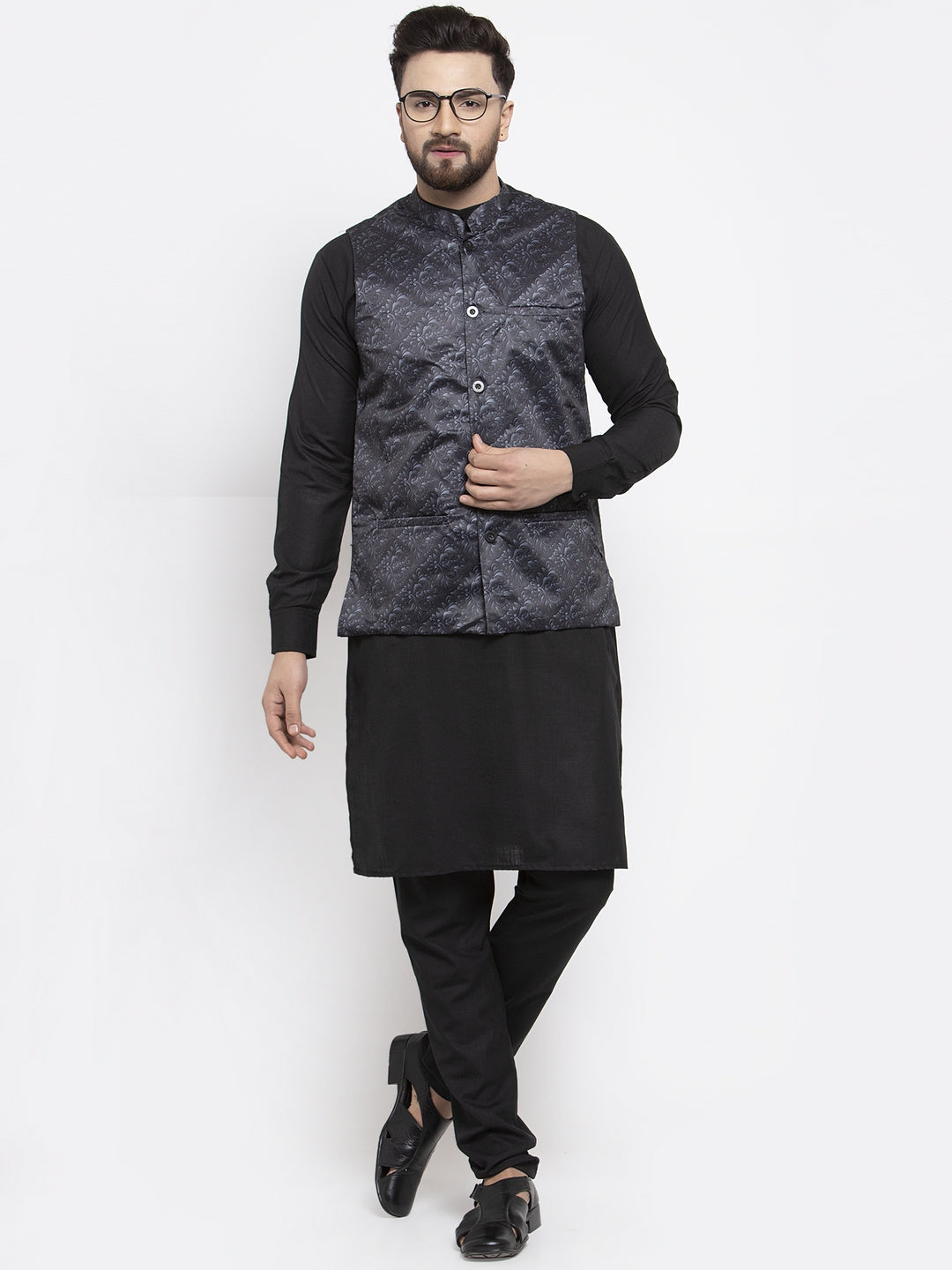 Jompers Men Solid Cotton Kurta Pajama with Printed Waistcoat (Charcoal-B)