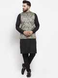 Jompers Men's Solid Cotton Kurta Pajama with Printed Waistcoat (Golden-B)