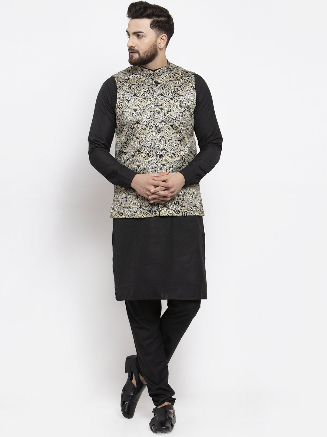 Jompers Men's Solid Cotton Kurta Pajama with Printed Waistcoat (Golden-B)