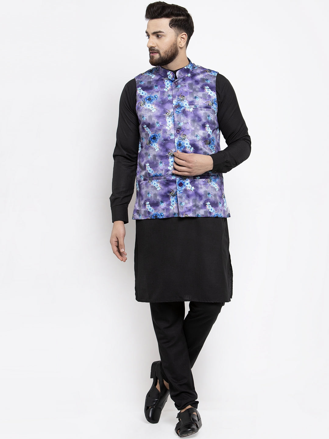 Jompers Men's Solid Cotton Kurta Pajama with Printed Waistcoat (Voilet-B)