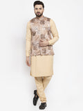 Jompers Men's Solid Cotton Kurta Pajama with Printed Waistcoat ( Beige-C)