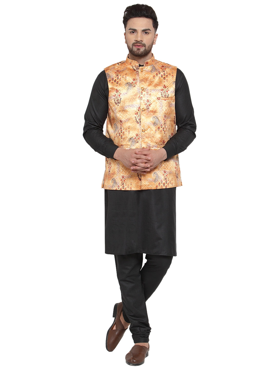 Jompers Men's Solid Cotton Kurta Pajama with Printed Waistcoat (Orange-B)