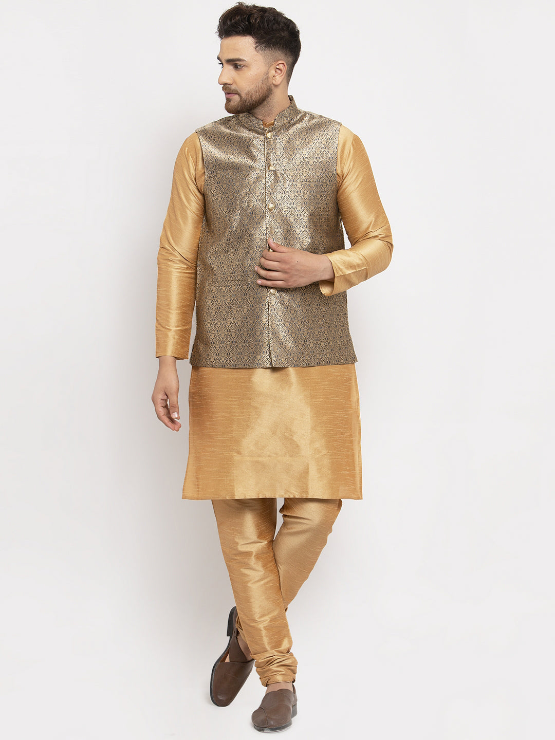 Jompers Men's Solid Dupion Kurta Pajama with Woven Jacqaurd Waistcoat (Grey-G)