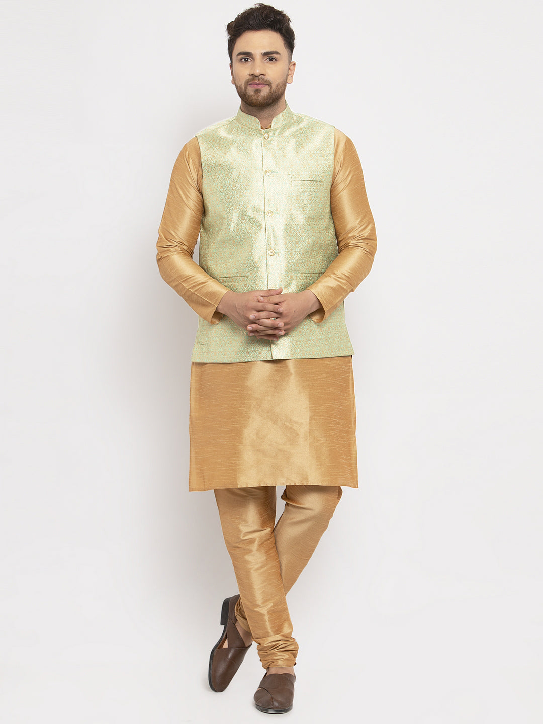 Jompers Men's Solid Dupion Kurta Pajama with Woven Jacqaurd Waistcoat (Lime-G)