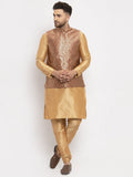 Jompers Men's Solid Dupion Kurta Pajama with Woven Jacqaurd Waistcoat (Maroon-G)