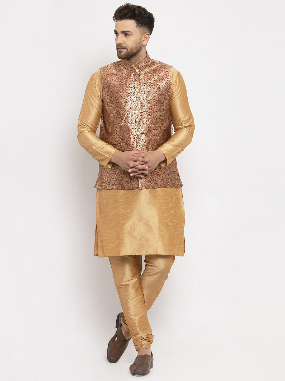 Jompers Men's Solid Dupion Kurta Pajama with Woven Jacqaurd Waistcoat (Maroon-G)