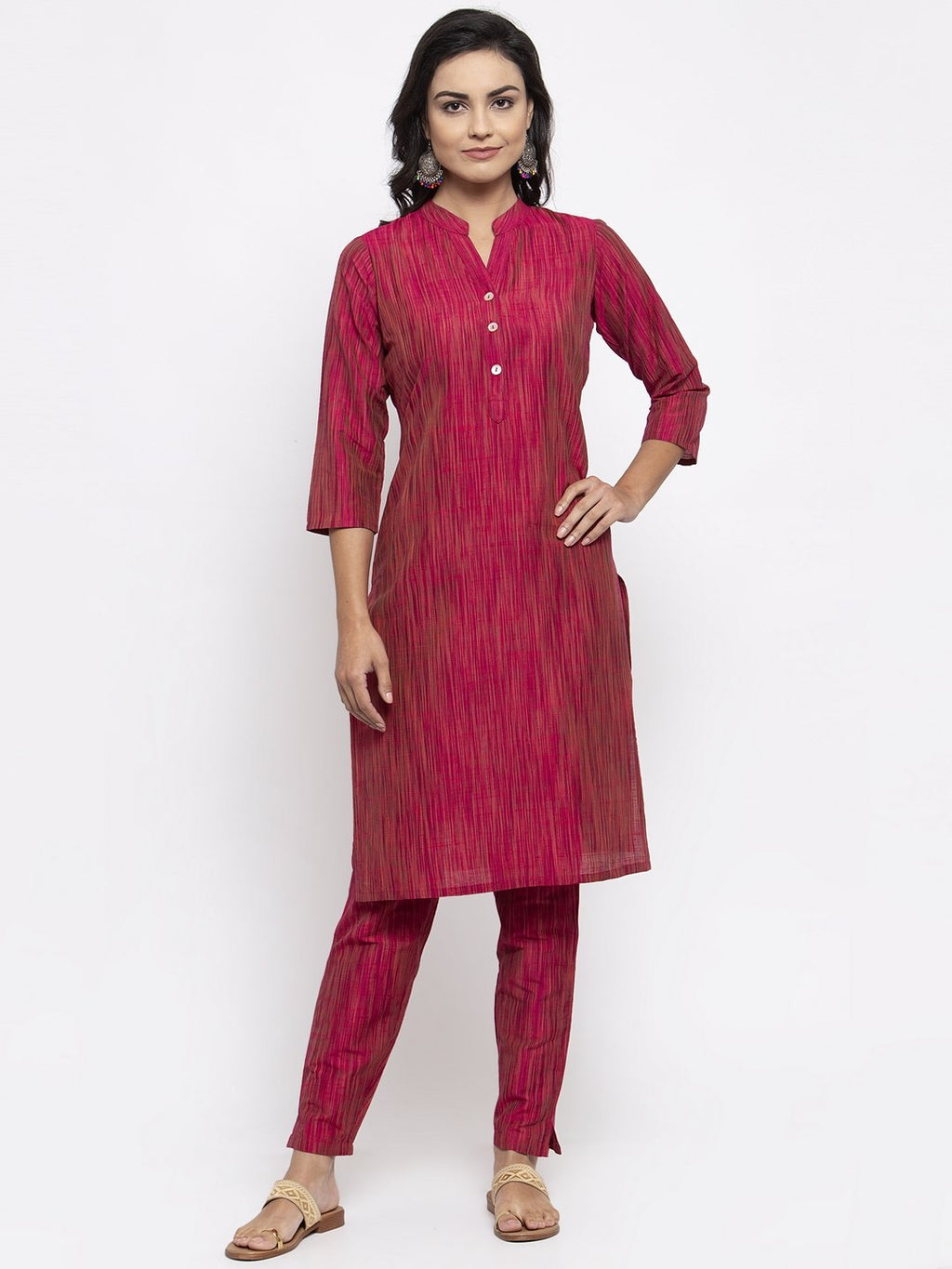 Jompers Women Pink Self-Striped Kurta with Trousers