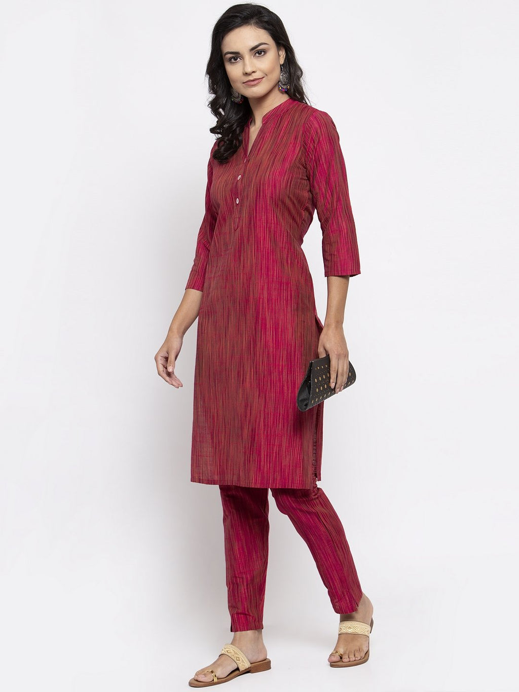 Jompers Women Pink Self-Striped Kurta with Trousers