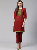 Jompers Women Maroon Yoke Design Kurta with Trousers