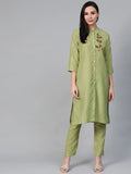 Jompers Women's Green Embroidered Detail Kurta with Trousers