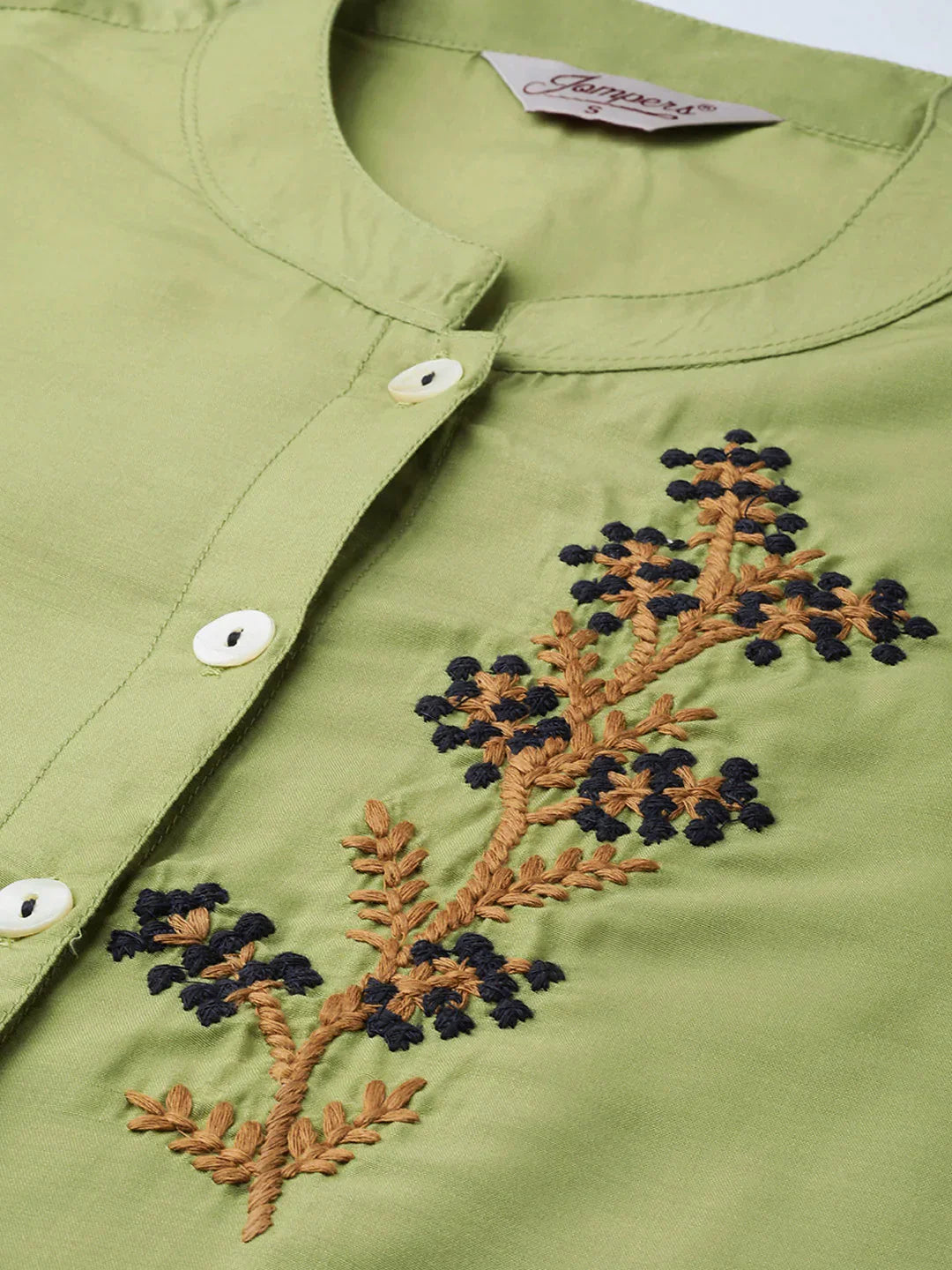 Jompers Women's Green Embroidered Detail Kurta with Trousers