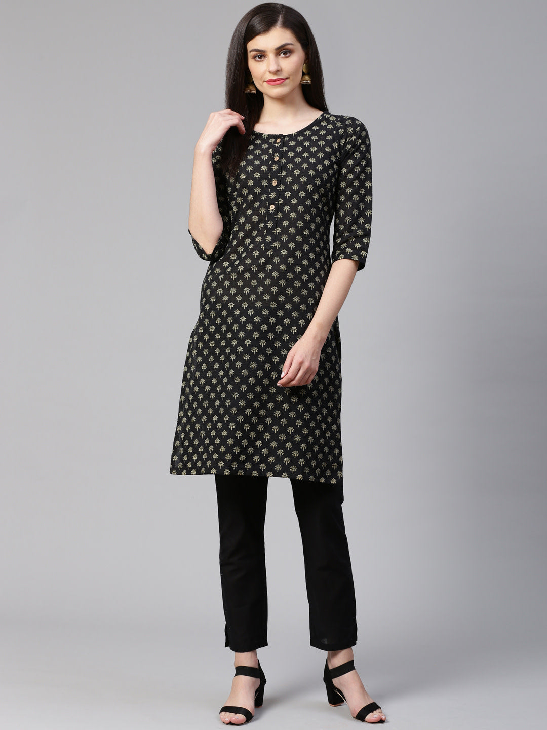 Jompers Women Black and Beige Printed Kurta with Trousers
