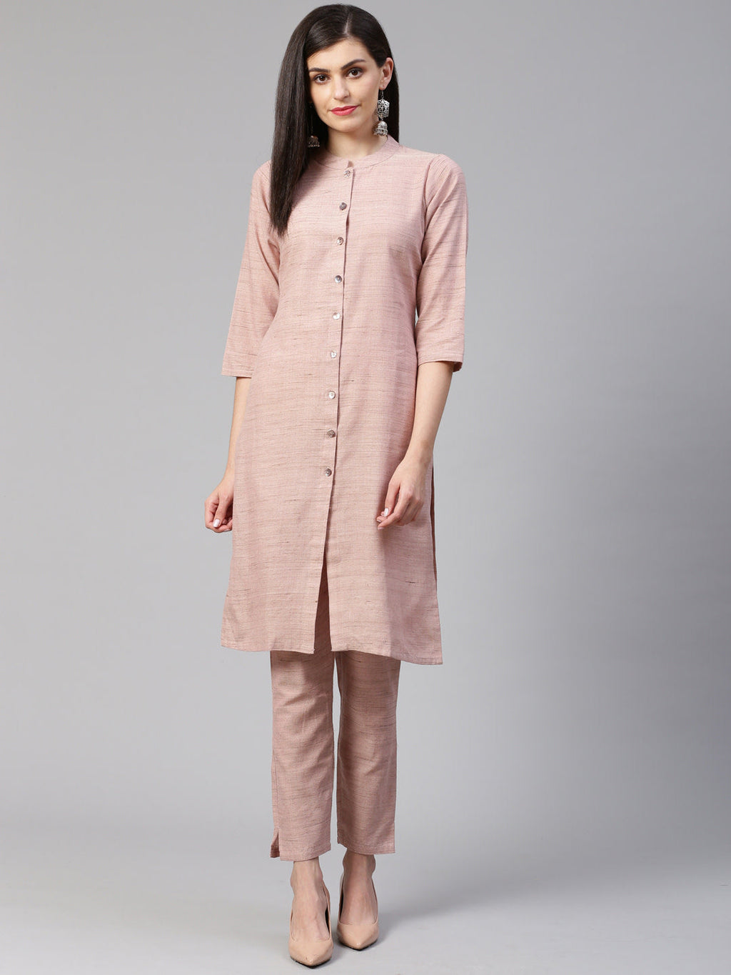 Jompers Women Pink Woven Design Kurta with Trousers