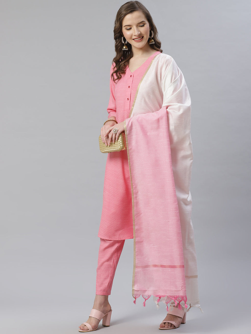 Jompers Women Pink & White Self Design Kurta with Trousers & Dupatta