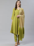 Jompers Women Green & Beige Self Design Kurta with Trousers & Dupatta