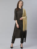 Jompers Women Charcoal Grey & Beige Self Checked Kurta with Trousers & Dupatta (Olive)