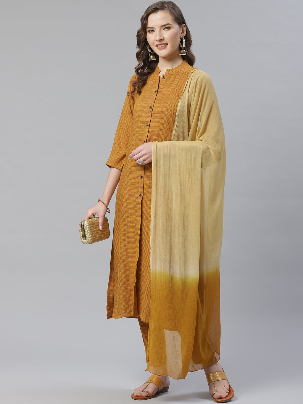 Jompers Women Mustard & Beige Self Checked Kurta with Trousers & Dupatta