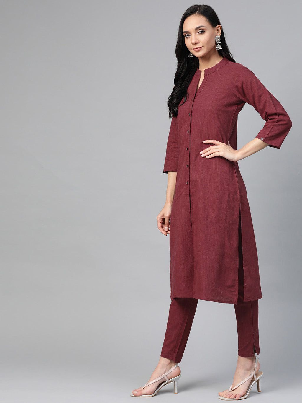 Jompers Women Maroon & Grey Solid Kurta with Trousers & Dupatta