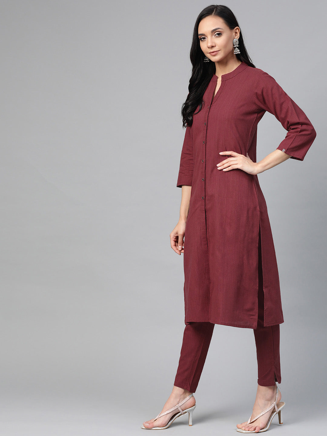 Jompers Women Maroon & Grey Solid Kurta with Trousers & Dupatta
