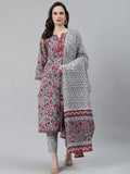 Jompers Women's Grey & Magenta Block Print Pure Cotton Kurta with Trousers & Dupatta