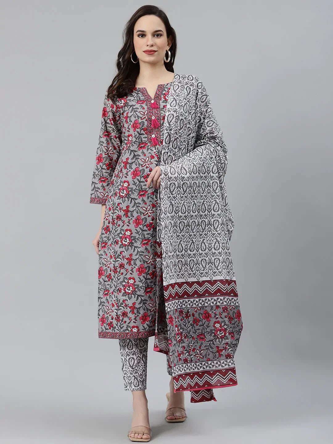 Jompers Women's Grey & Magenta Block Print Pure Cotton Kurta with Trousers & Dupatta