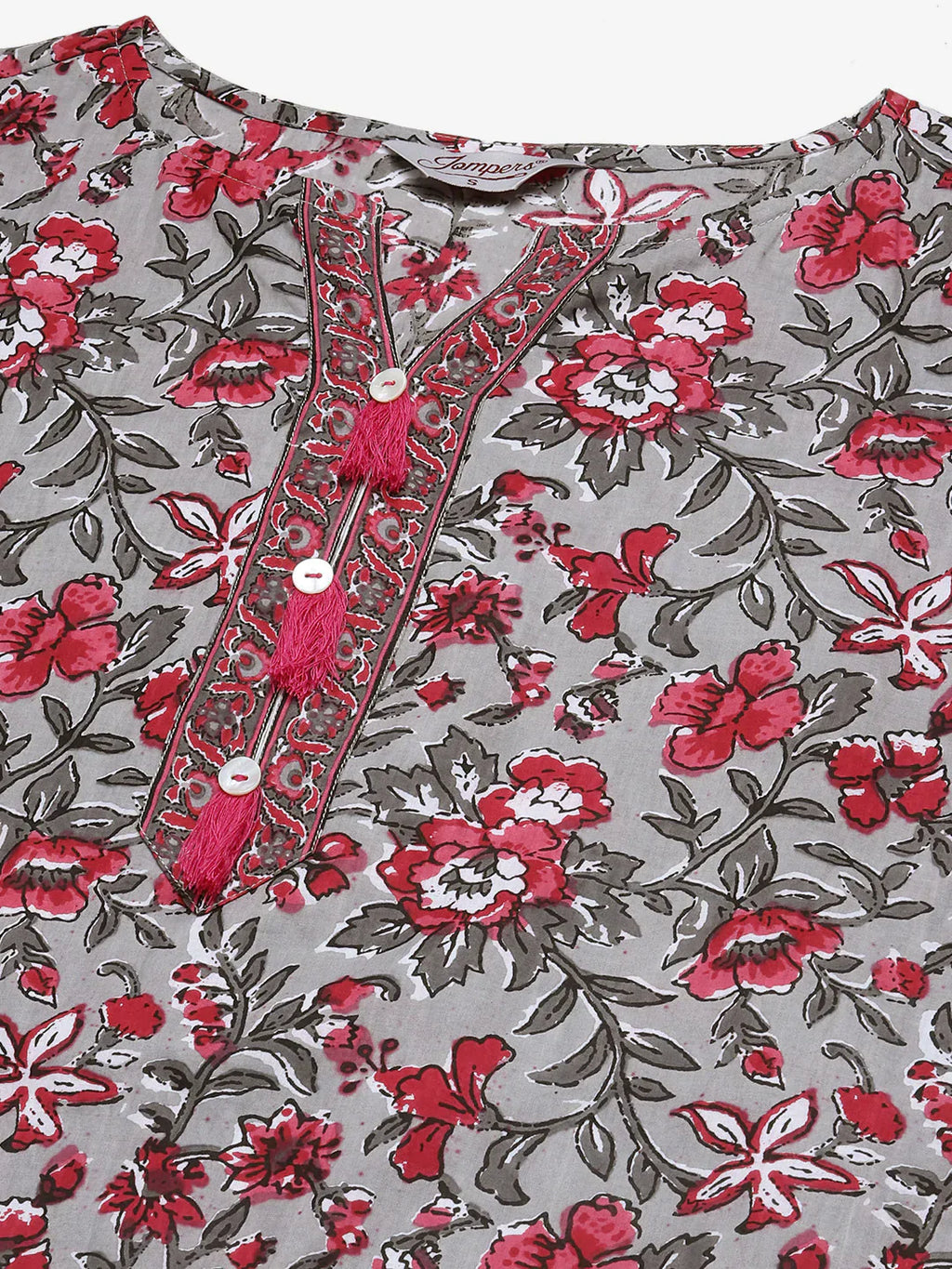 Jompers Women's Grey & Magenta Block Print Pure Cotton Kurta with Trousers & Dupatta