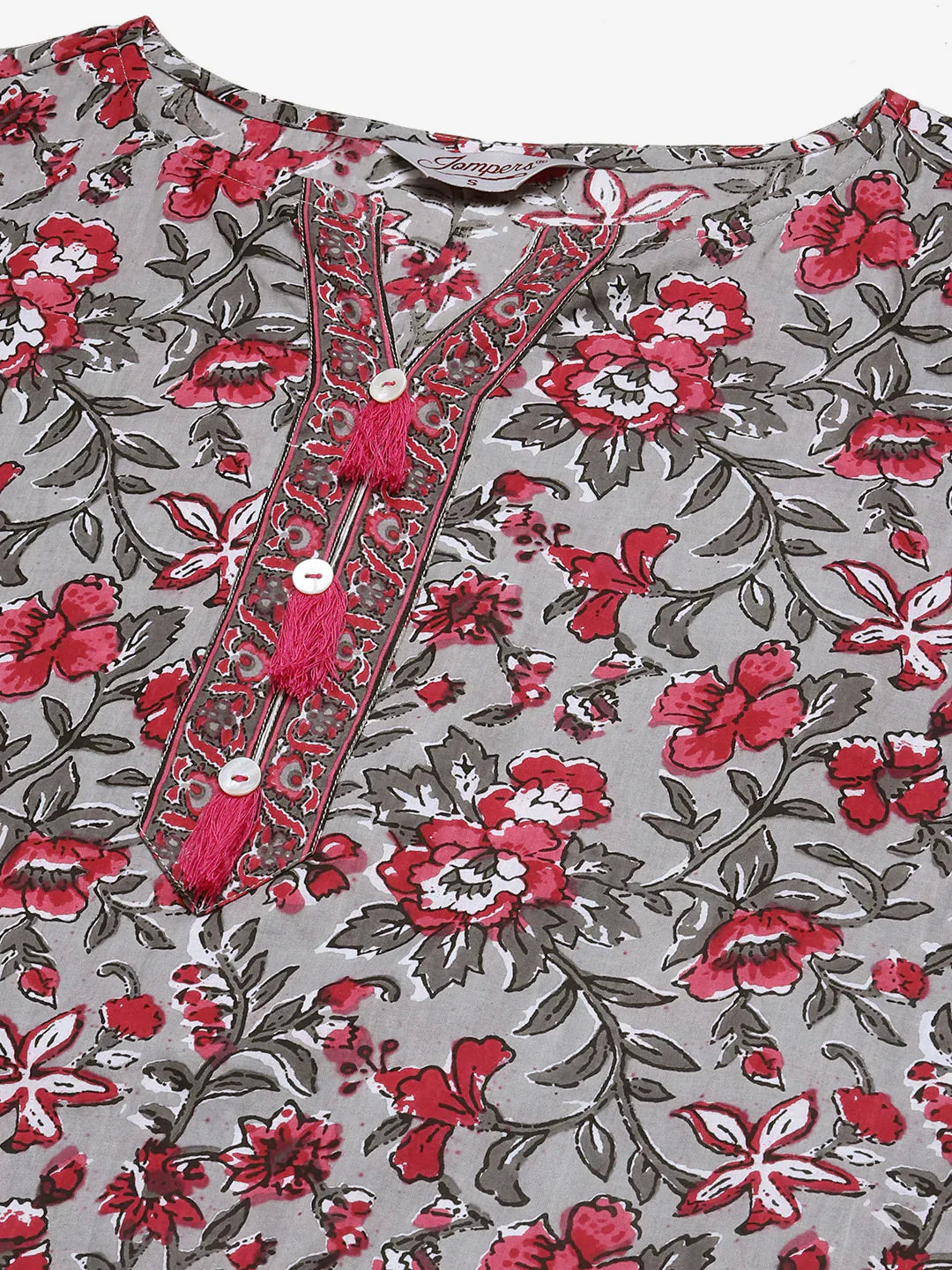 Jompers Women's Grey & Magenta Block Print Pure Cotton Kurta with Trousers & Dupatta